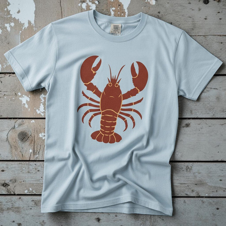 Big Red Lobster chambray garment-dyed tee on faded driftwood planks