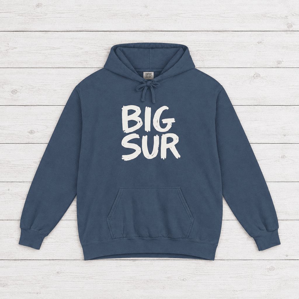 Denim Big Sur hoodie front with white handwritten lettering and kangaroo pocket — by Five Tides Apparel