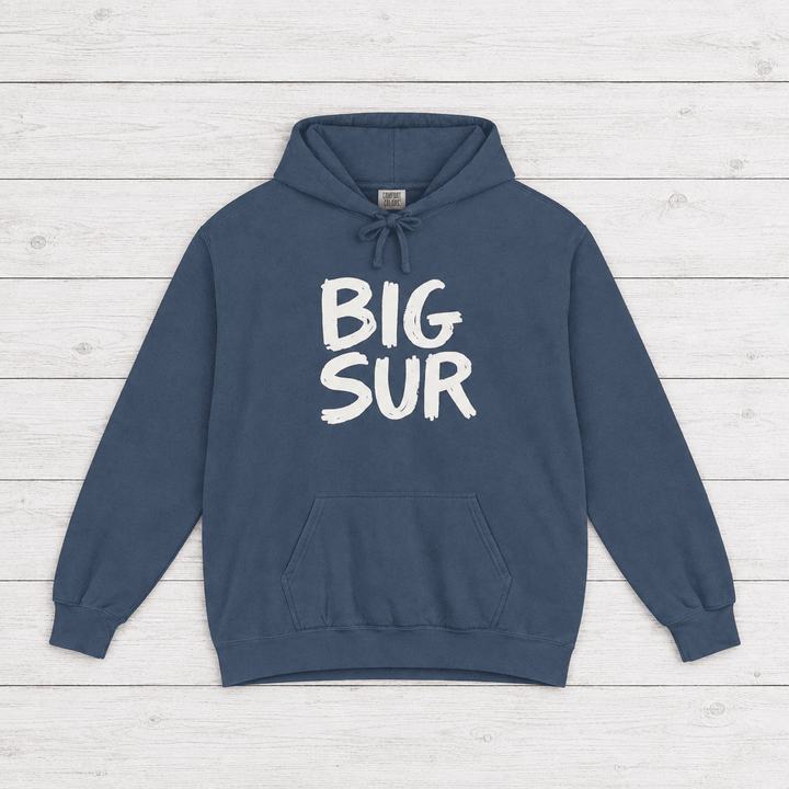 Denim Big Sur hoodie front with white handwritten lettering and kangaroo pocket — by Five Tides Apparel