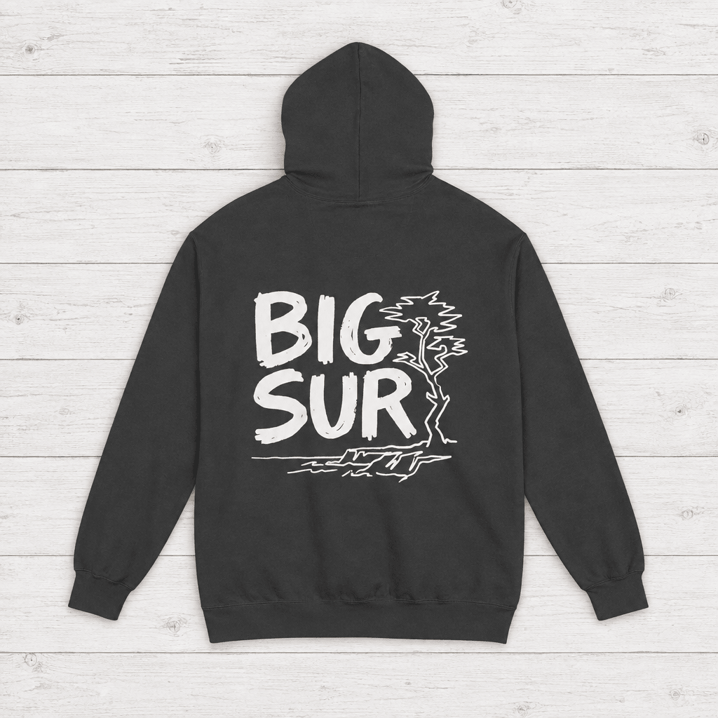 Pepper Big Sur hoodie back with white handwritten lettering, coastal trees and cliffs — by Five Tides Apparel