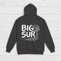 Pepper Big Sur hoodie back with white handwritten lettering, coastal trees and cliffs — by Five Tides Apparel