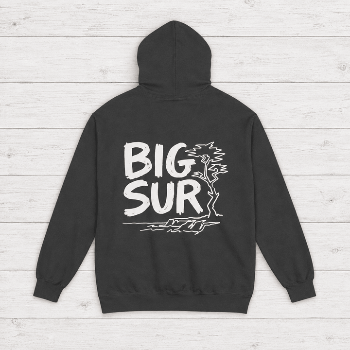 Pepper Big Sur hoodie back with white handwritten lettering, coastal trees and cliffs — by Five Tides Apparel