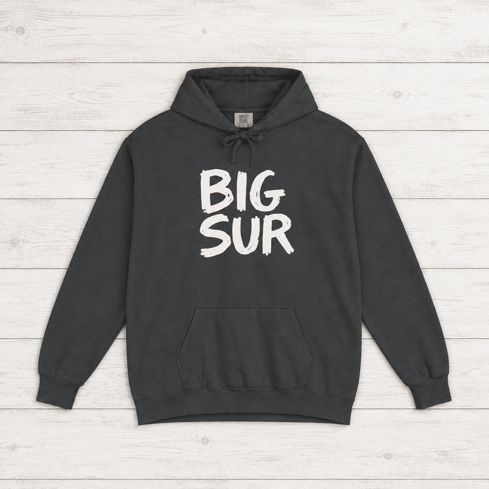 Pepper Big Sur hoodie front with white handwritten lettering and kangaroo pocket — by Five Tides Apparel