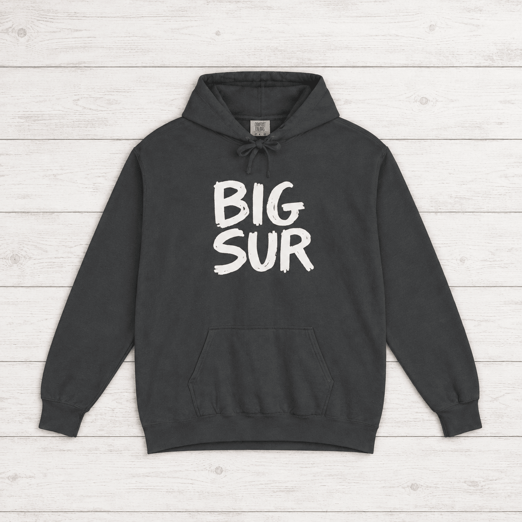 Pepper Big Sur hoodie front with white handwritten lettering and kangaroo pocket — by Five Tides Apparel