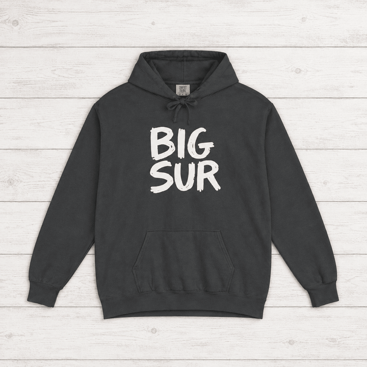 Pepper Big Sur hoodie front with white handwritten lettering and kangaroo pocket — by Five Tides Apparel