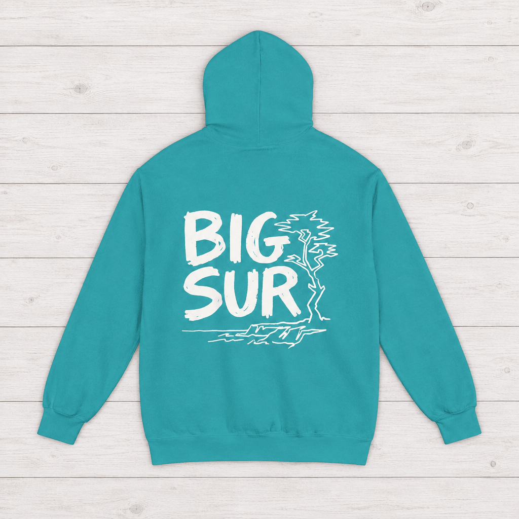 Seafoam Big Sur hoodie back with white handwritten lettering, coastal trees and cliffs — by Five Tides Apparel