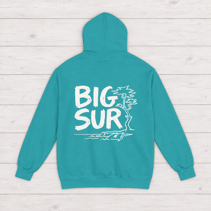 Seafoam Big Sur hoodie back with white handwritten lettering, coastal trees and cliffs — by Five Tides Apparel