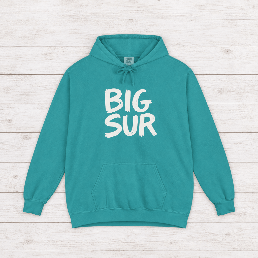 Seafoam Big Sur hoodie front with white handwritten lettering and kangaroo pocket — by Five Tides Apparel