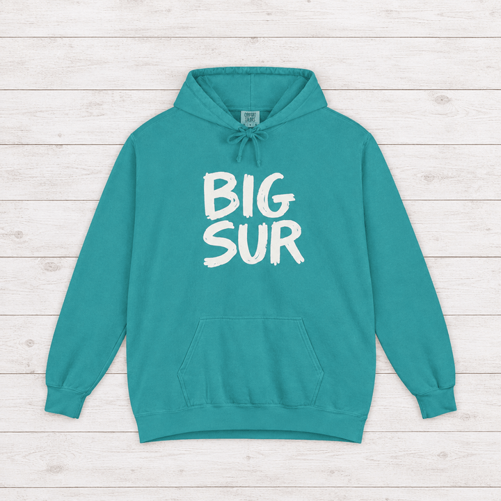 Seafoam Big Sur hoodie front with white handwritten lettering and kangaroo pocket — by Five Tides Apparel