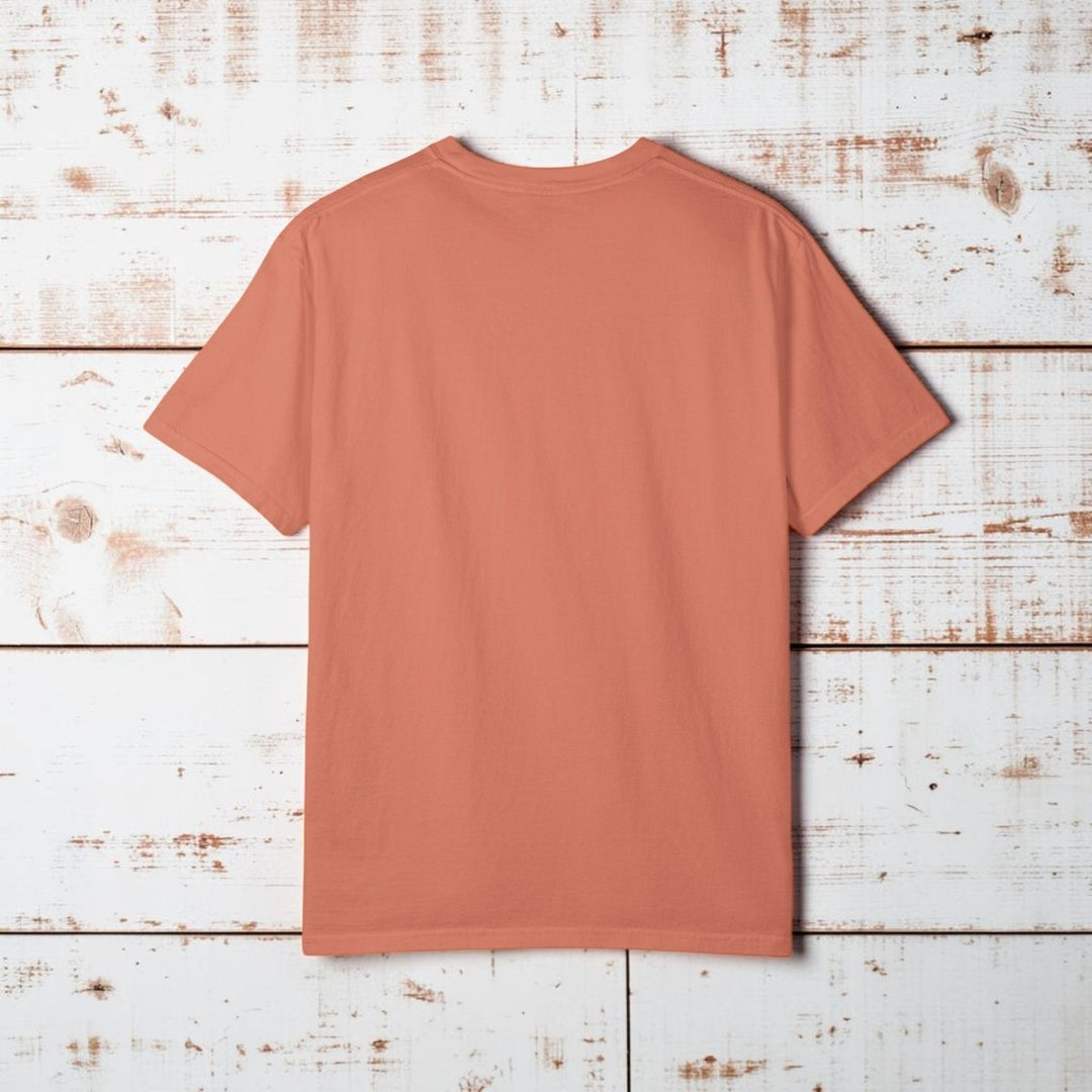 Back view of a plain terracotta t-shirt on a white background