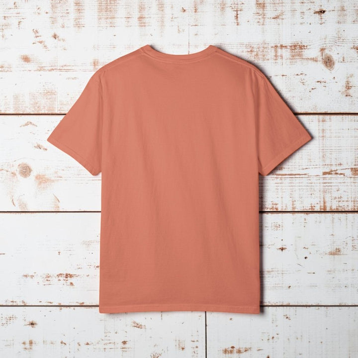 Back view of a plain terracotta t-shirt on a white background