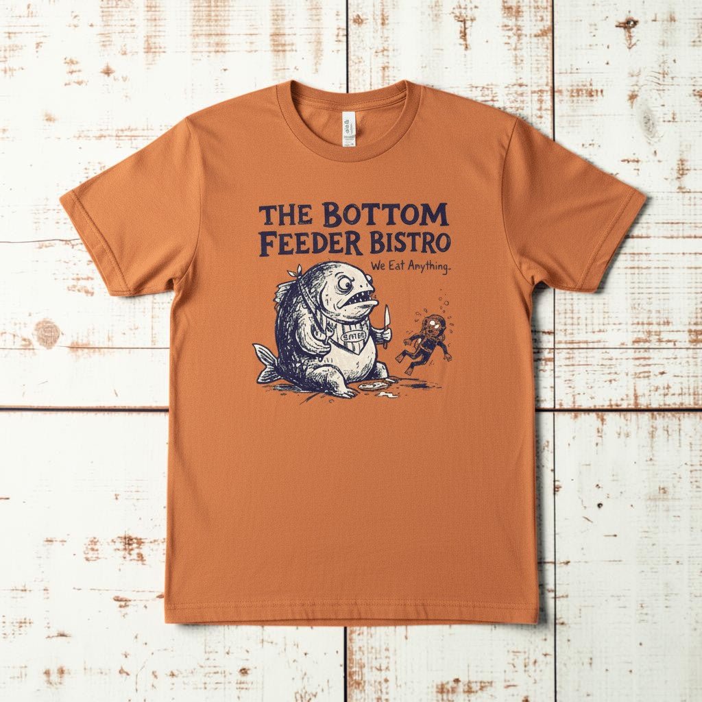 Bottom Feeder Bistro Graphic Tee — Terracotta on Colorful Driftwood