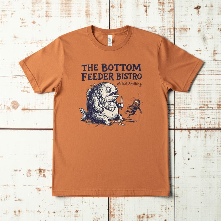 Bottom Feeder Bistro Graphic Tee — Terracotta on Colorful Driftwood