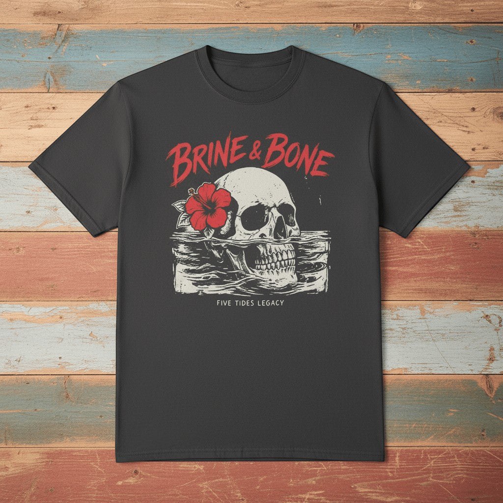 Flat lay - Brine &amp; Bone charcoal tee on weathered driftwood planks