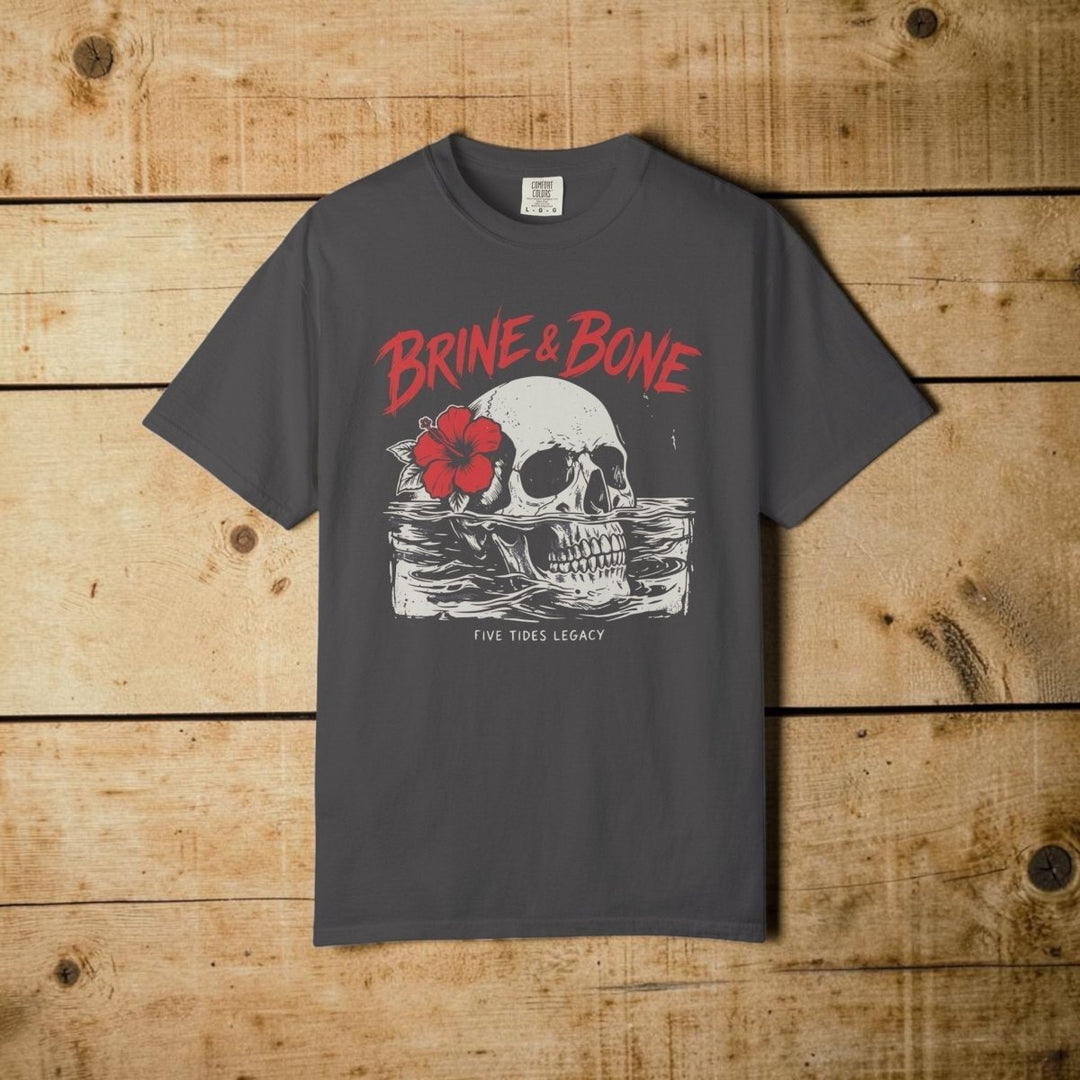 Gray t-shirt with skull and flower graphic and &
