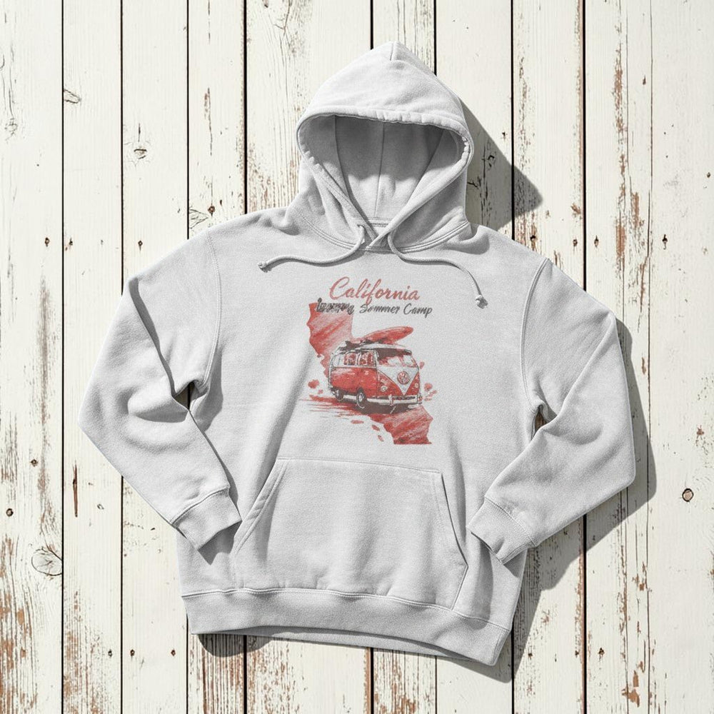 California Summer Camp Hoodie in White — front graphic corrected, warm sand studio background