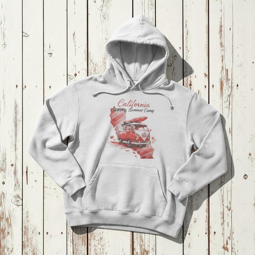California Summer Camp Hoodie in White — front graphic corrected, warm sand studio background
