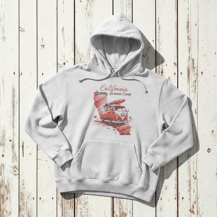 California Summer Camp Hoodie in White — front graphic corrected, warm sand studio background