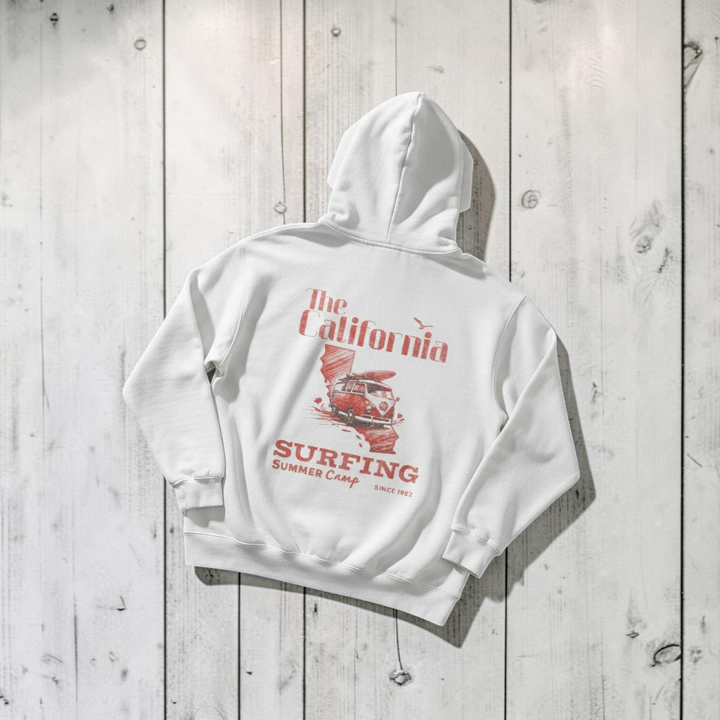 California Surfing Summer Camp Hoodie in White — back graphic, warm sand studio background