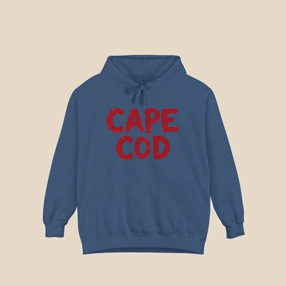 Cape Cod hoodie flat lay, view 3 — distressed red text coastal pullover by Five Tides Apparel