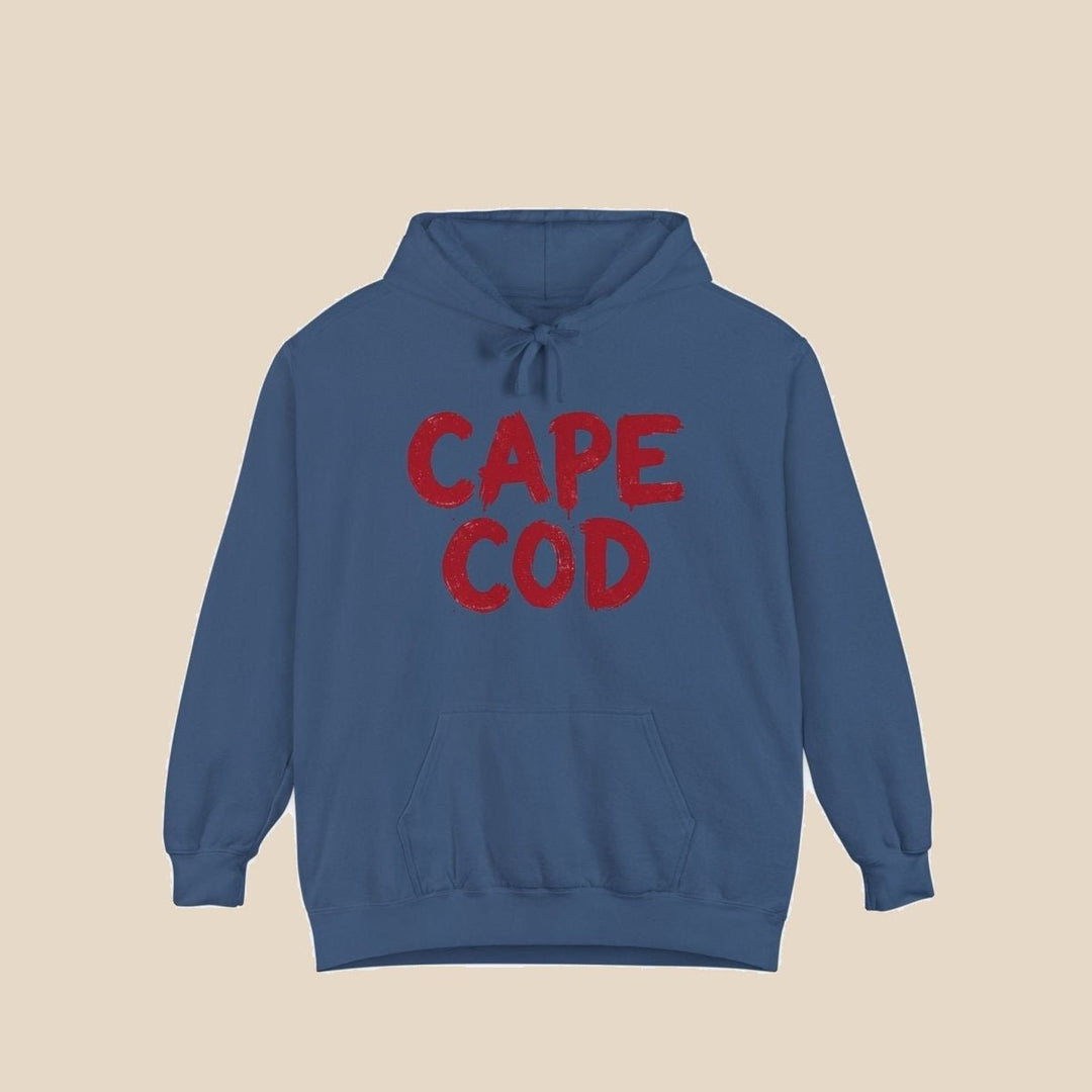 Cape Cod hoodie flat lay, view 3 — distressed red text coastal pullover by Five Tides Apparel