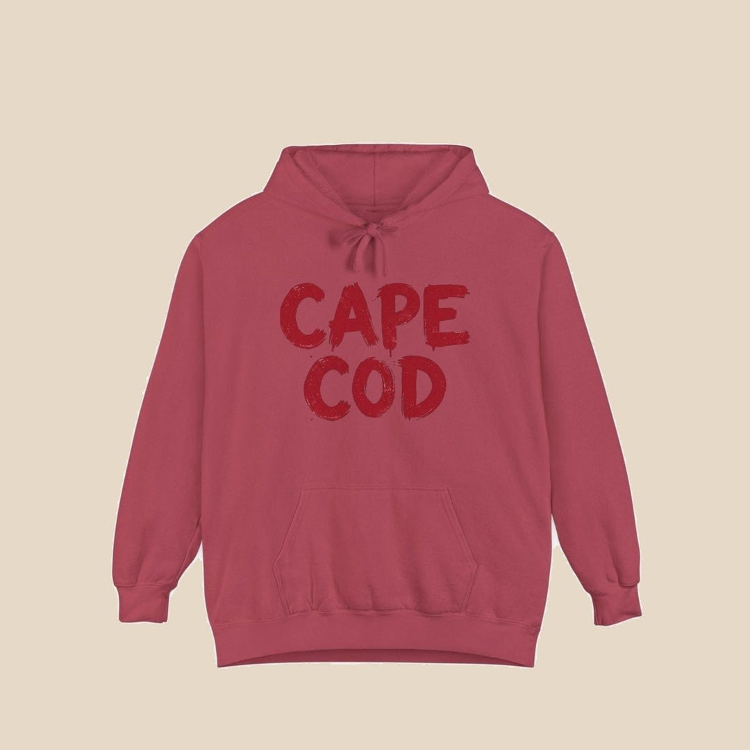 Cape Cod hoodie flat lay, view 2 — distressed red text coastal pullover by Five Tides Apparel