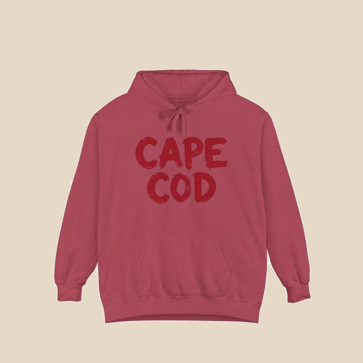 Cape Cod hoodie flat lay, view 2 — distressed red text coastal pullover by Five Tides Apparel