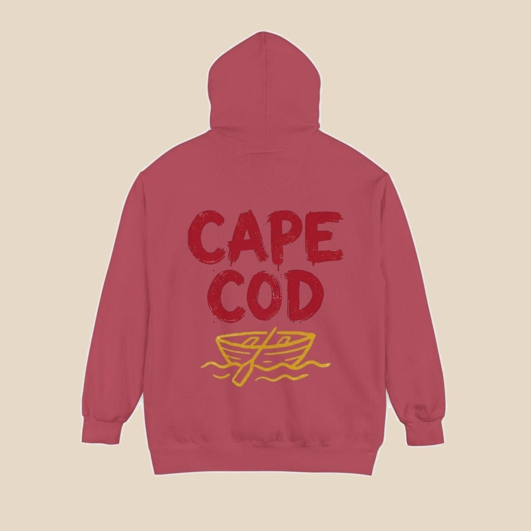 Cape Cod hoodie flat lay, view 4 — distressed red text coastal pullover by Five Tides Apparel