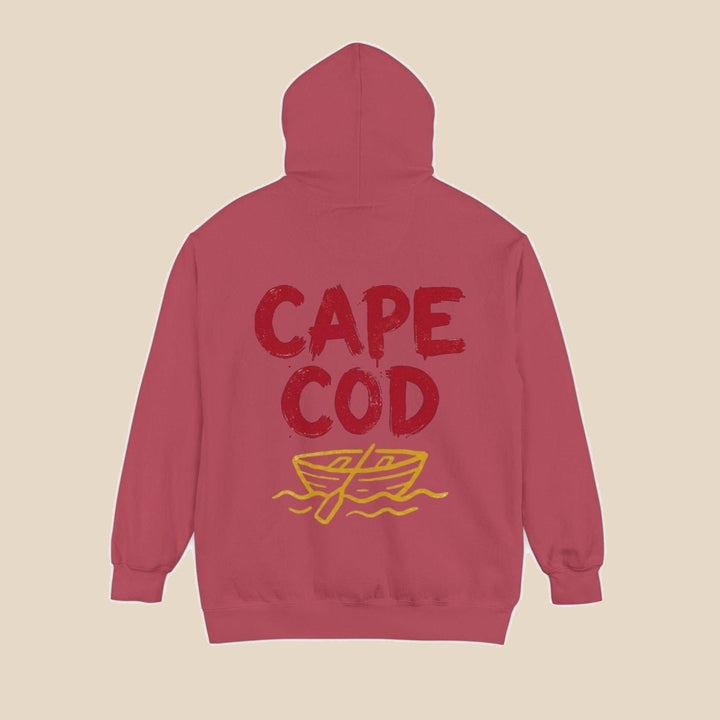 Cape Cod hoodie flat lay, view 4 — distressed red text coastal pullover by Five Tides Apparel