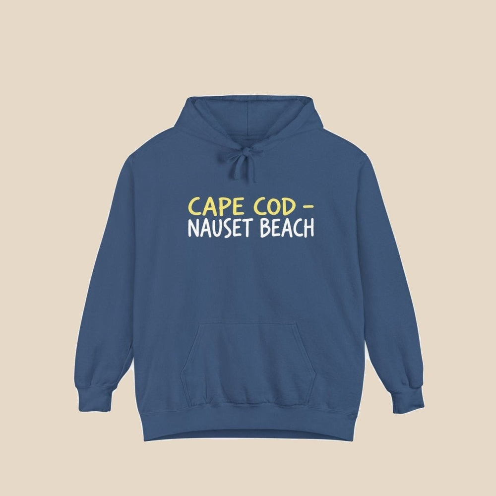 Cape Cod Nauset Beach vintage van true navy hoodie front flat lay — vintage van graphic pullover by Five Tides Apparel