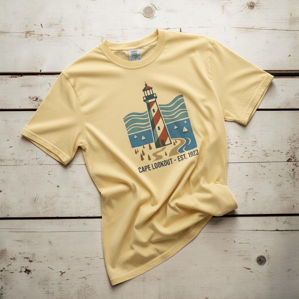Cape Lookout Lighthouse banana garment-dyed tee on weathered wood planks
