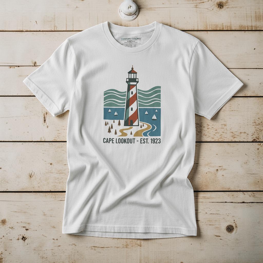 Cape Lookout Lighthouse white garment-dyed tee on weathered wood planks