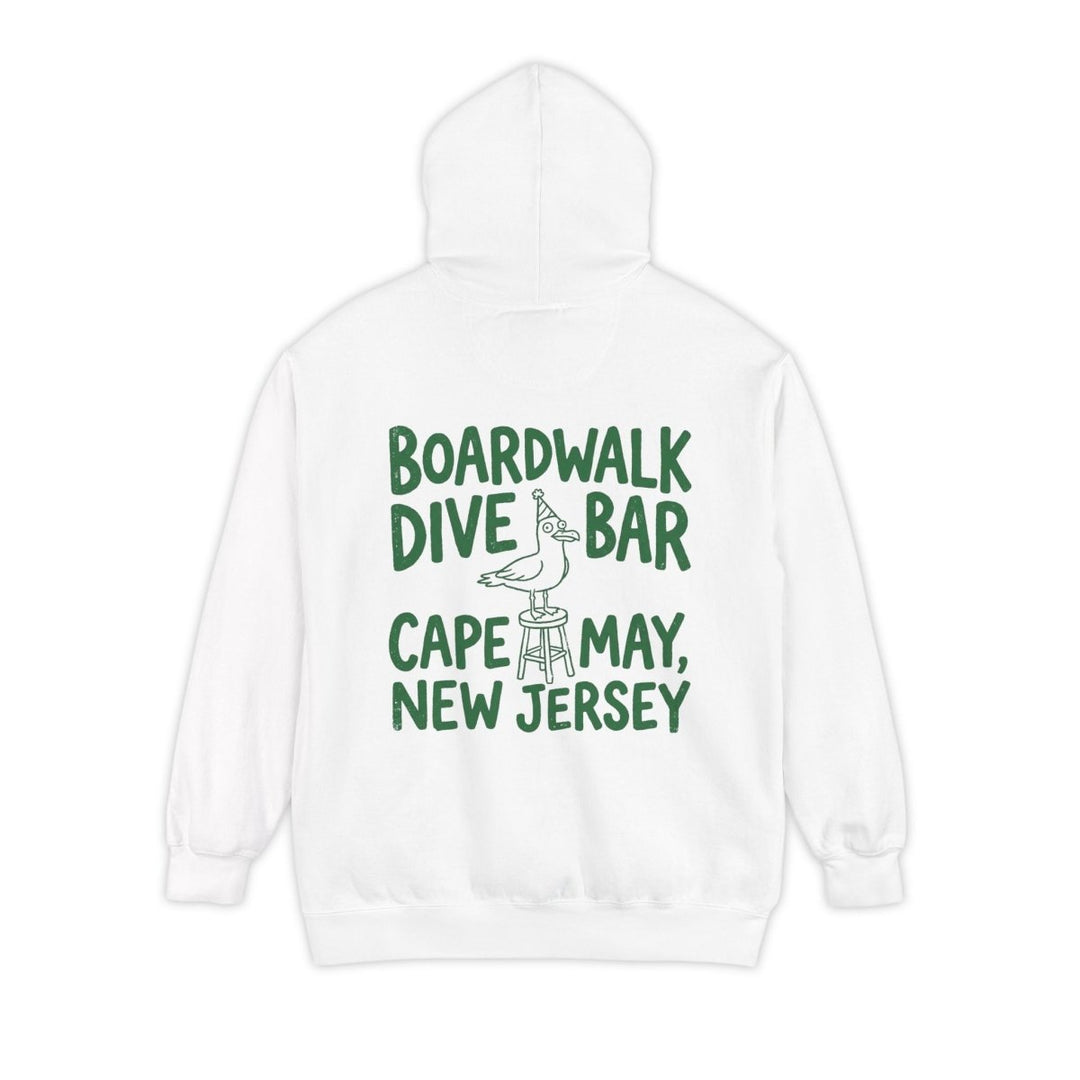 White hoodie with green text and graphic on the back on a white background