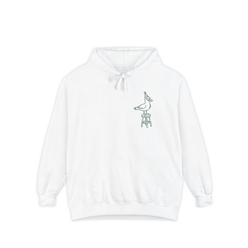 White hoodie with a small graphic on the chest against a white background
