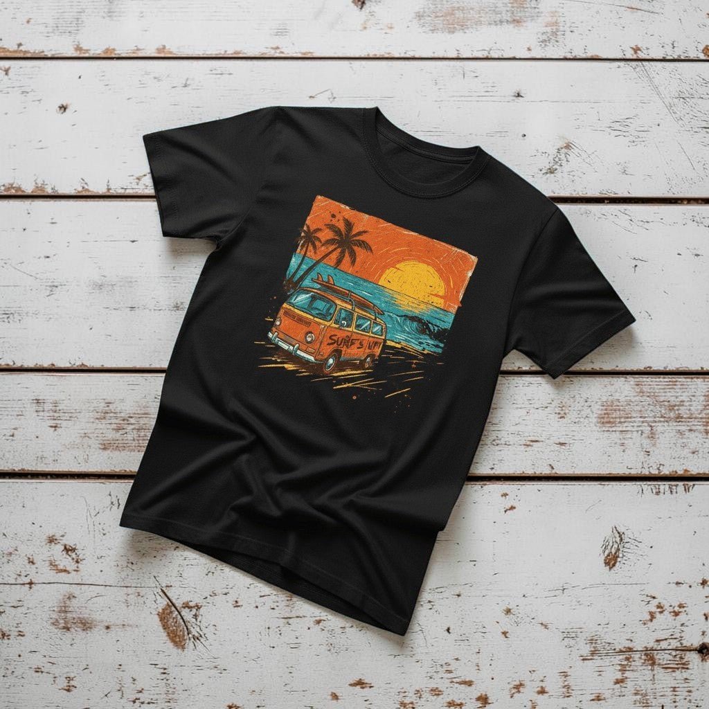 Casual Vintage Beach Van black garment-dyed tee casually tousled on rustic reclaimed wood