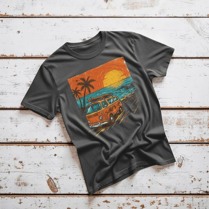 Casual Vintage Beach Van graphite garment-dyed tee casually tousled on rustic reclaimed wood