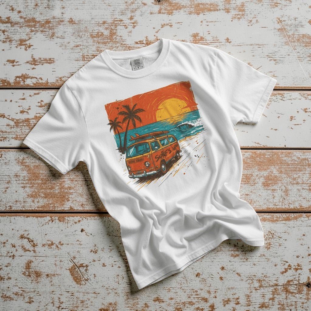 Casual Vintage Beach Van white garment-dyed tee casually tousled on rustic reclaimed wood