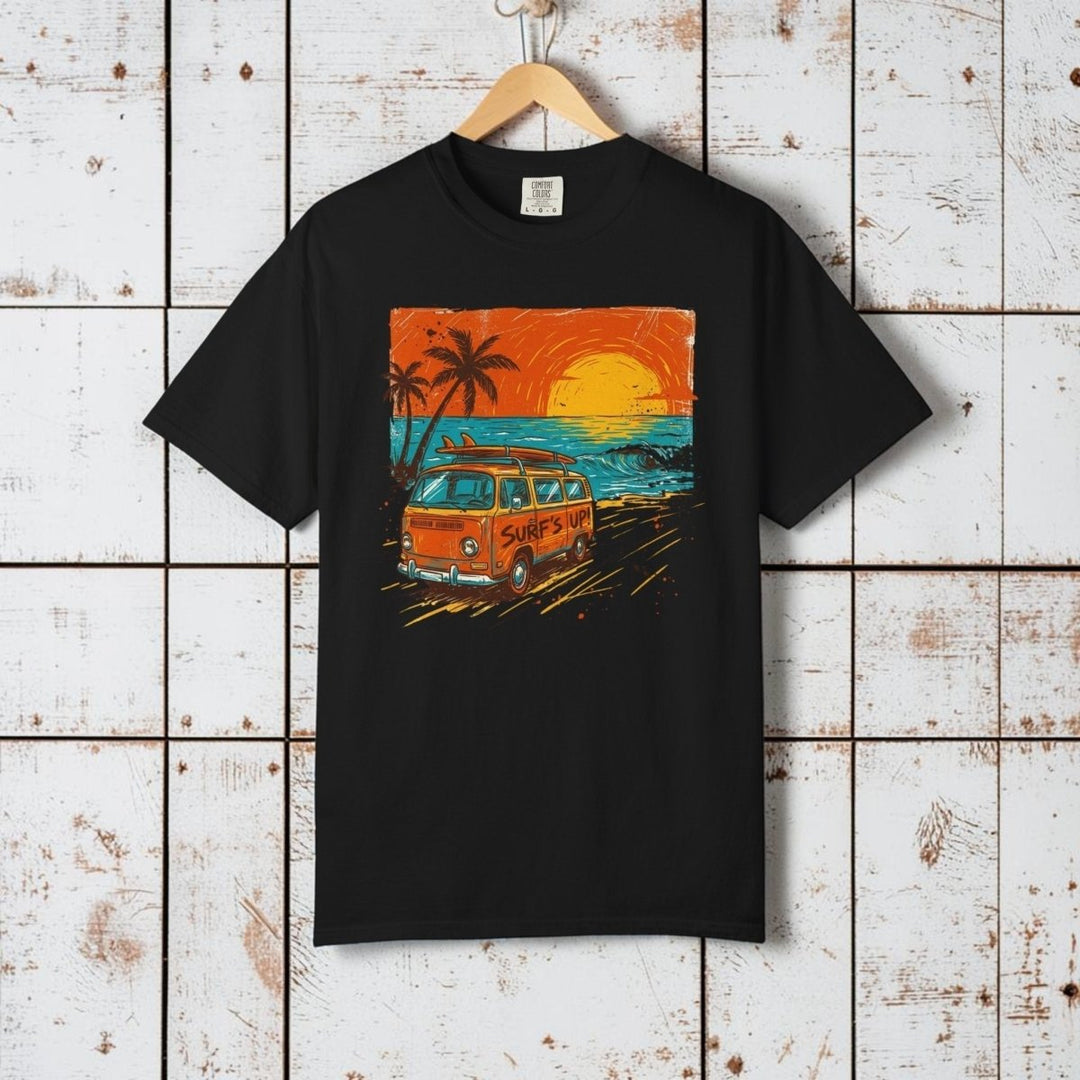 Casual Vintage Beach Van Tee | Garment-Dyed Retro Surf Graphic - FIVE TIDES APPAREL