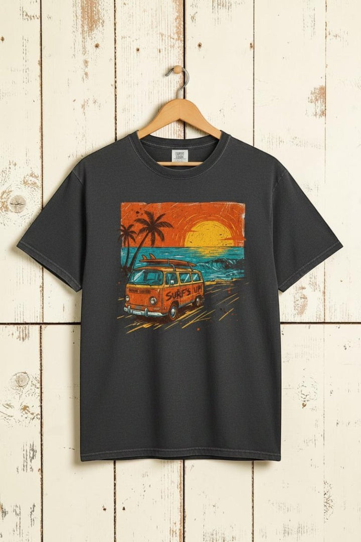 Gray t-shirt with a graphic of a van and palm trees on a beach at sunset.