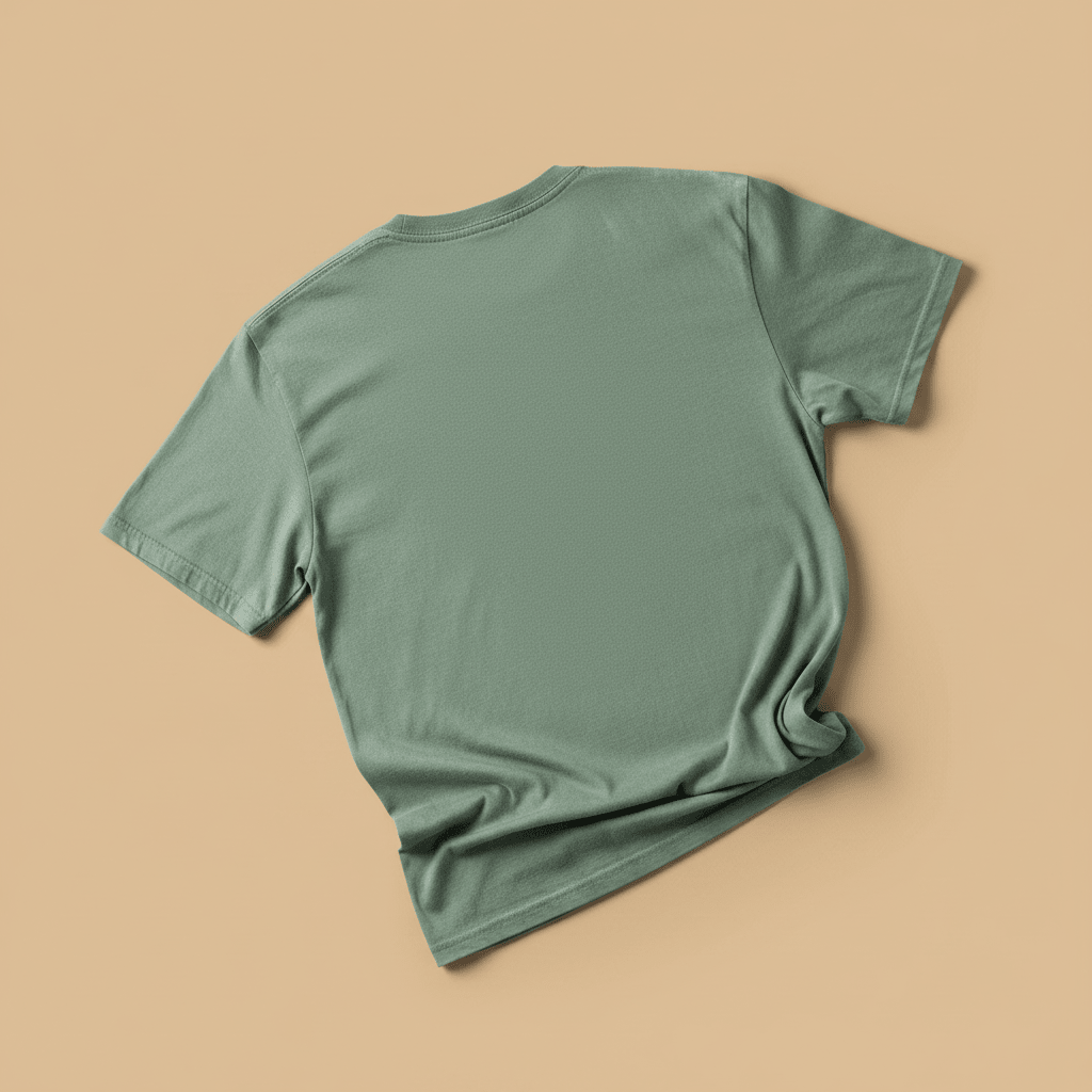 Catch the Thrill Tee in Sage Green — plain back, warm sand studio background