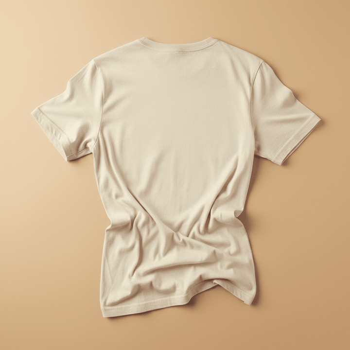 Catch the Thrill Tee in Ivory — plain back, warm sand studio background