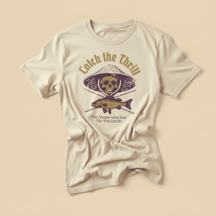 Catch the Thrill Tee in Ivory — front graphic, warm sand studio background