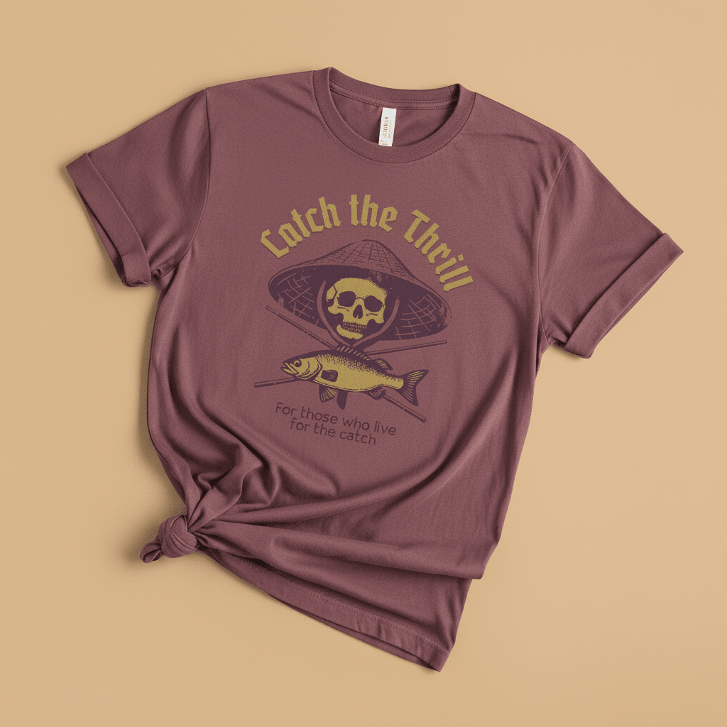 Catch the Thrill Tee in Brick/Mauve — front graphic, warm sand studio background