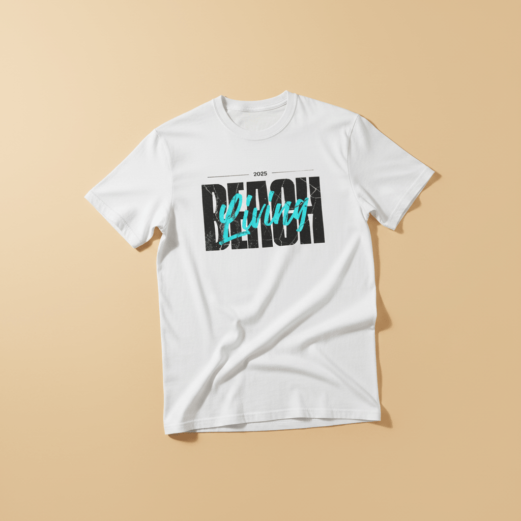 Beach Living Tee in White — front graphic, warm sand studio background