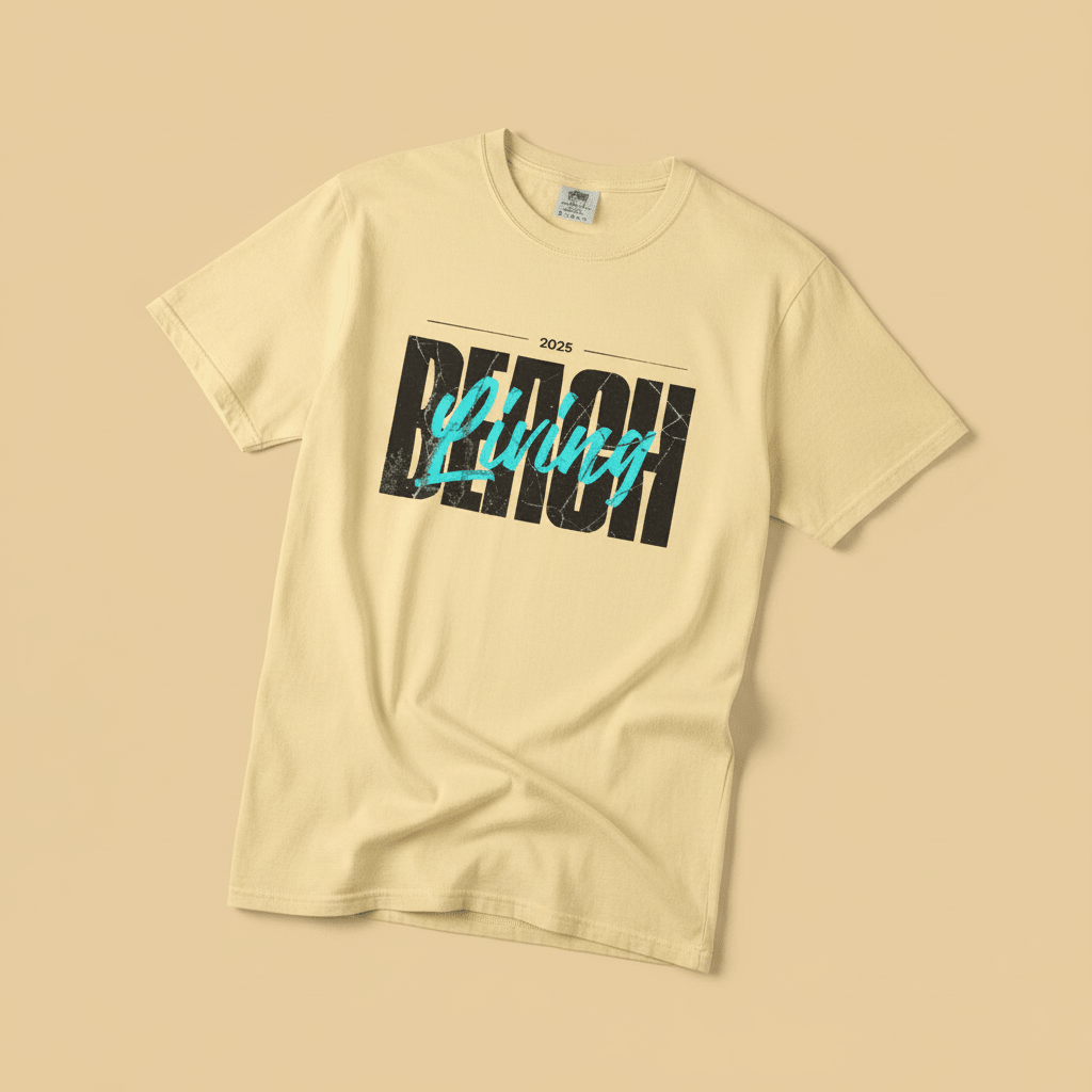Beach Living Tee in Butter Yellow — front graphic, warm sand studio background