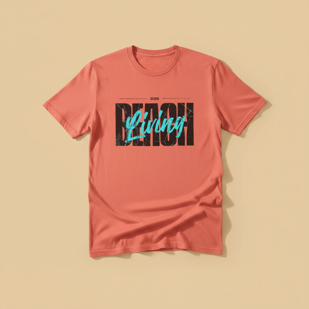 Beach Living Tee in Coral — front graphic, warm sand studio background