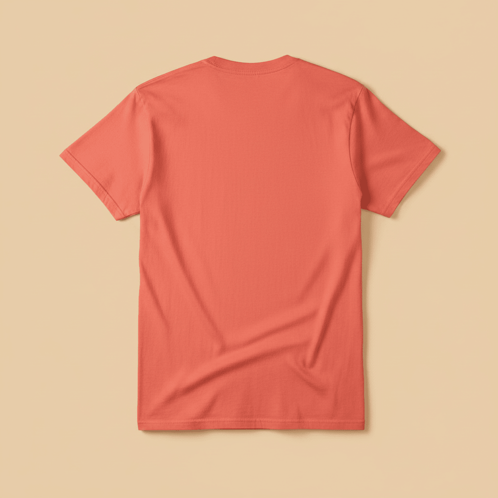 Beach Living Tee in Coral — plain back, warm sand studio background