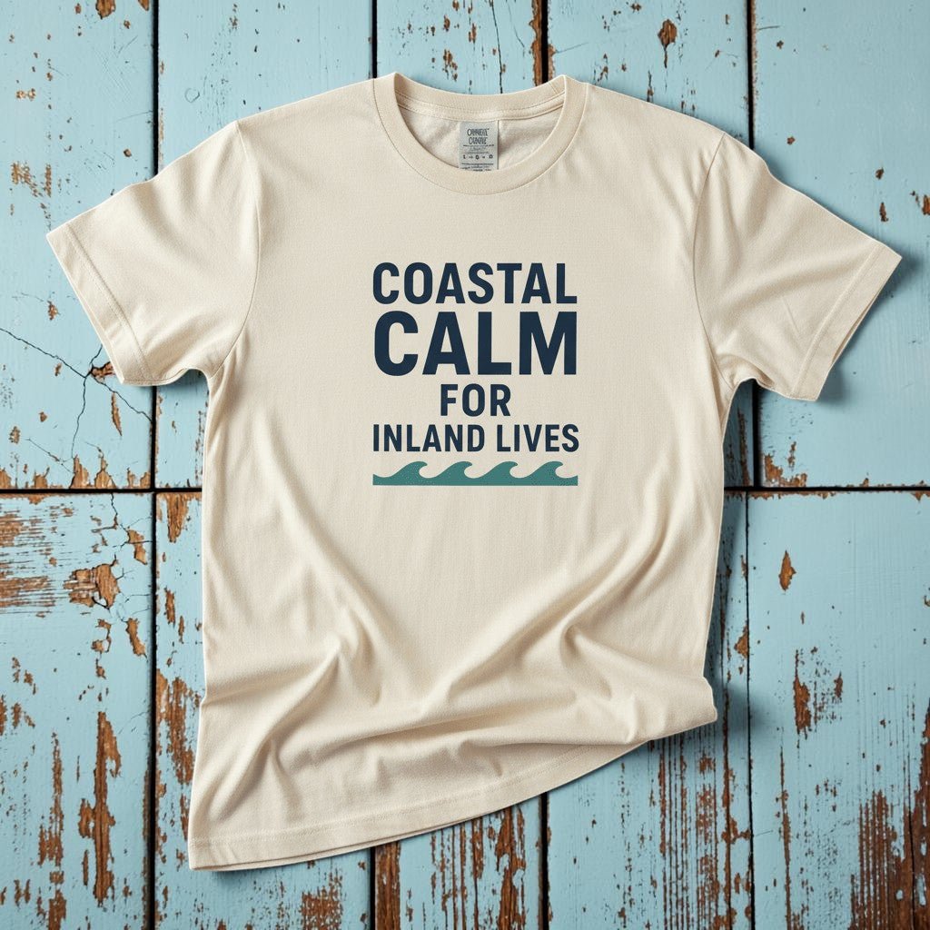 Coastal Calm for Inland Lives II ivory garment-dyed tee on faded driftwood planks