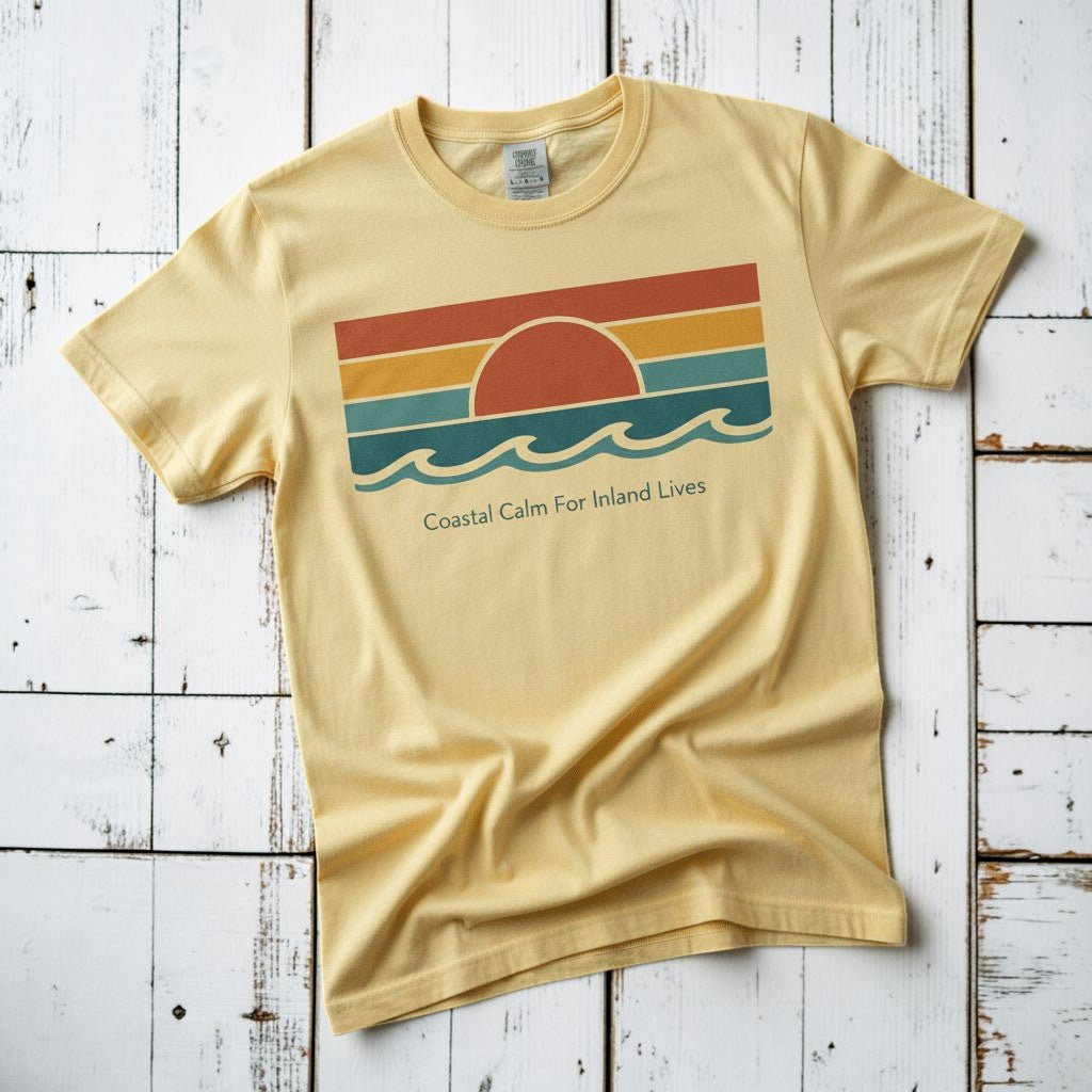Coastal Calm for Inland Lives banana garment-dyed tee on faded driftwood planks