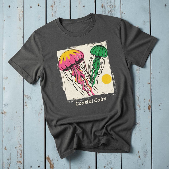 Coastal Calm Jellyfish II graphite garment-dyed tee on faded driftwood planks